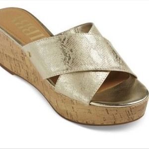 Sam & Libby Nolan Gold Snakeskin Cork Wedge Sz 9
